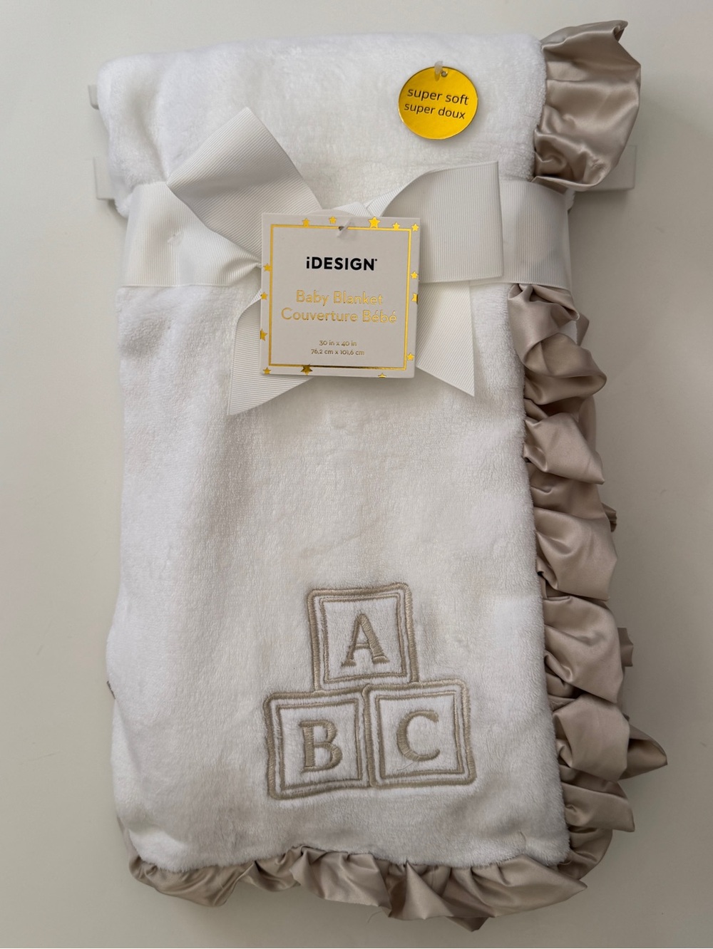 iDesign Baby Blanket with Tan Ruffle Embroidered with ABC Baby Gift NWT